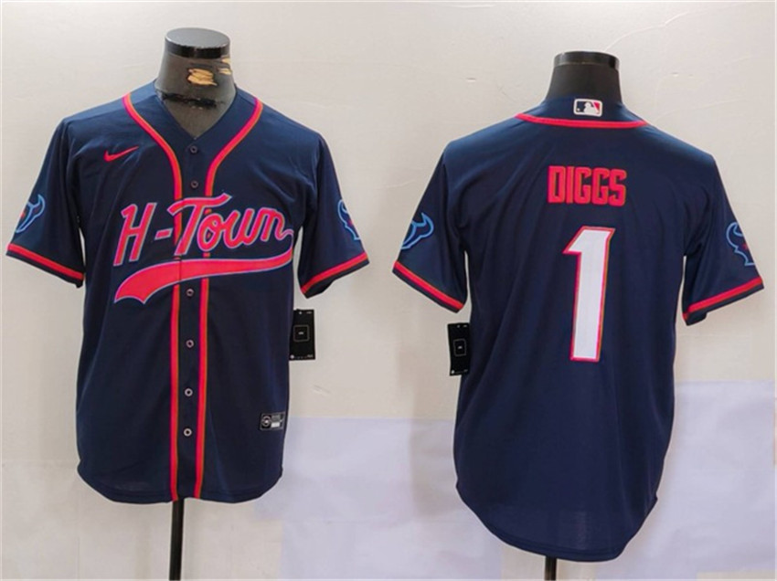 Men's Navy Houston Texans #1 Stefon Diggs With Patch Cool Base Stitched Baseball Jersey